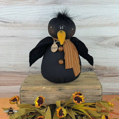 "Craven the Crow decorative figurine from Honey and Me, rustic fabric and metal crow accent 6x9 for primitive and farmhouse decor"