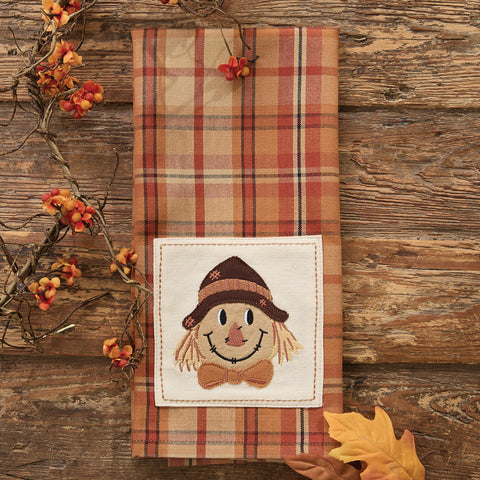 Hayfield Decorative Dishtowel Set of 2 with plaid and scarecrow design. Perfect for farmhouse kitchens, autumn decorating, or seasonal hostess gifts.