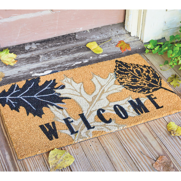 Our Farmhouse Leaves Doormat will liven up your entryway and add a fall welcome to your home.  Featuring three large leaves with the word Welcome.
