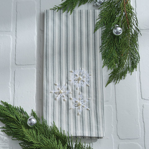 Clean up life's little messes in gorgeous holiday style with the Snowfrost Embroidered Dishtowel! Featuring white snowflakes embroidered on a gray and white striped towel. These dishtowels will be the perfect winter addition to your country kitchen!