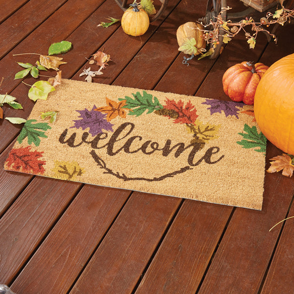 Our Harvest Home Doormat will liven up your entryway and add a fall welcome to your home.  Featuring colorful leaves with the word Welcome.