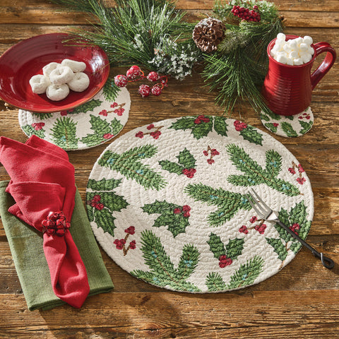Boughs of Holly Printed Braided Placemat will add to the charm of your holiday kitchen table decor. Braided then printed with holly and pine sprigs in red, white and green to accent the colors of the season.