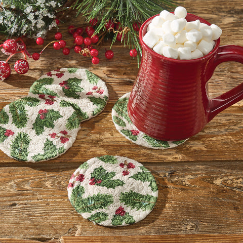 Boughs of Holly Printed Braided Coaster (Set of 4)
