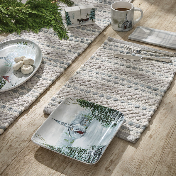 Add calming and stylish touches to your holiday decor with the All Is Calm Chindi Placemats! Featuring a soothing combination of pewter and oatmeal with an accent of lurex sparkle, these placemats will be the perfect winter addition to your home!