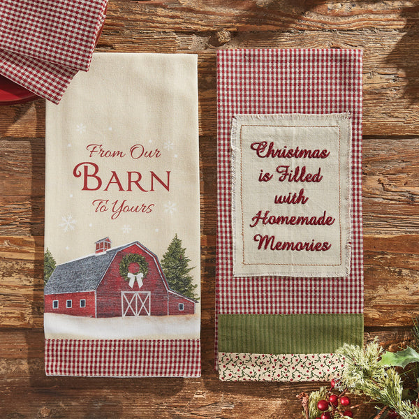 Add a gorgeous holiday accent to your kitchen decor with the Christmas Memories Decorative Dishtowels! Tones of red, green, oatmeal, and candlelight white combine to create check, floral, and striped designs, featuring a focal patch of a charming holiday message! Pair with the Barn Greetings Decorative Dishtowels to complete your look (as pictured / sold separately).