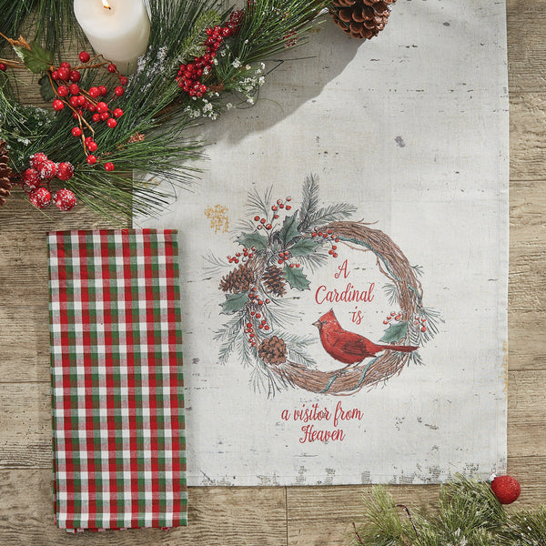 Clean up life's little messes in gorgeous holiday style with the Wild and Beautiful Holiday Cardinal Dishtowel Set! Featuring a wreath, pine sprigs, and a Cardinal on a white towel with the words A Cardinal is a Visitor From Heaven.  Second dishtowel is red, green and white plaid. These dishtowels will be the perfect winter addition to your holiday country kitchen!  Colors: Christmas Red, Pine Green & Candlelight White Set of 2 Dimensions: 18" W x 28" L 100% cotton