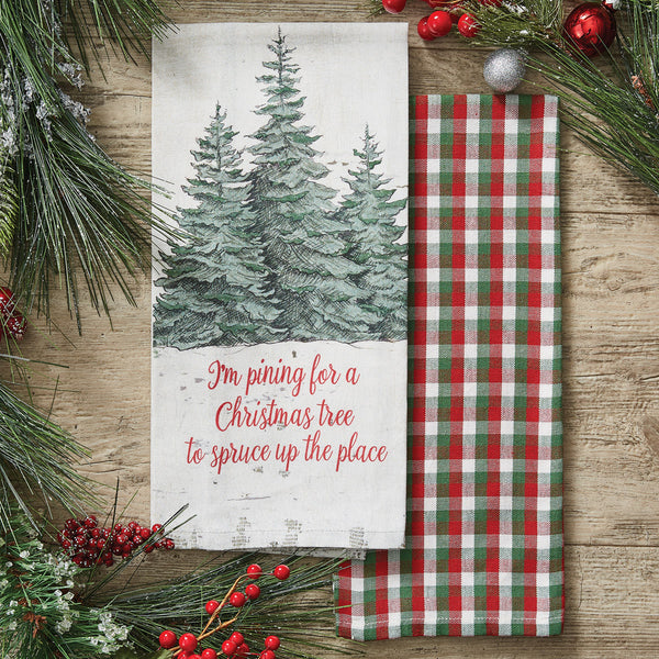 Clean up life's little messes in gorgeous holiday style with the Wild and Beautiful Holiday Christmas Tree Dishtowel Set! Featuring three tall pines on a white towel with the words I'm Pining for a Christmas Tree to Spruce Up the Place.  Second dishtowel is red, green and white plaid. These dishtowels will be the perfect winter addition to your country kitchen!