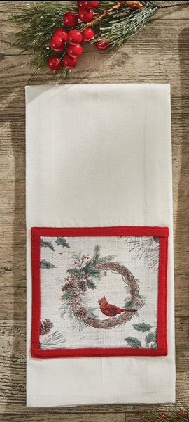 Clean up life's little messes in gorgeous holiday style with the Wild and Beautiful Holiday Cardinal Patch Dishtowel! Featuring a wreath with pine sprigs and a red Cardinal patched onto a white towel.  These dishtowels will be the perfect winter addition to your holiday country kitchen!