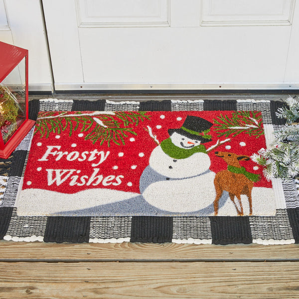Our Flurry Snowman Doormat will liven up your entryway and add festive welcome to your home.  Featuring a snowman and his reindeer with the words Frosty Wishes.