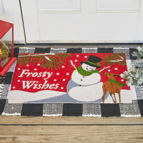 Our Flurry Snowman Doormat will liven up your entryway and add festive welcome to your home.  Featuring a snowman and his reindeer with the words Frosty Wishes.