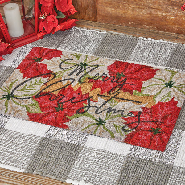 Our lovely Poinsettia Pine Doormat will liven up your entryway and add festive welcome to your home.  Featuring Red and White Poinsettias with the words Merry Christmas.