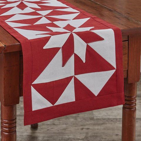 Heritage Star Runner 54"L, in fabrics of red and white pieced together in a beautiful star design.