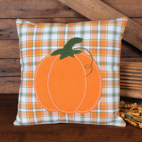 14-inch Fall Harvest Pumpkin cotton accent pillow featuring an orange pumpkin appliqué on a sage green and orange plaid background.