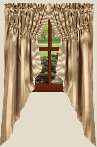 York Ticking Gathered Swag Set Black, barn red ticking on a nutmeg background.