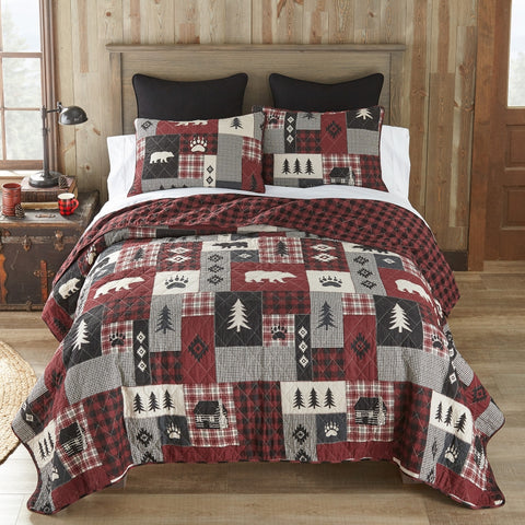 Bear Peak Quilt Set – Rustic Lodge Patchwork Bedding in Red, Black & Gray