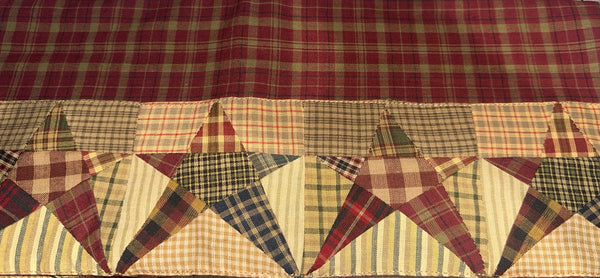 Rebecca’s Star Lined Valance 72x14 – Primitive Burgundy Plaid Window Valance