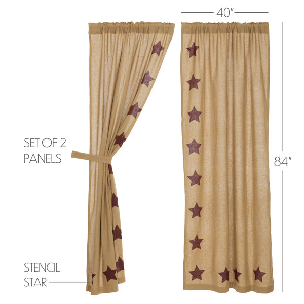Burlap w/Burgundy Stencil Stars Panel Set of 2 84x40