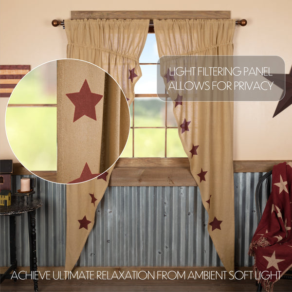 Burlap with Burgundy Stencil Stars Prairie Long Panel Set of 2 84x36x18