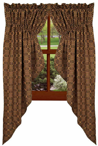 Marshfield Jacquard Black Gathered Swag 72x63 set of 2. Woven black and tan jacquard fabric adds primitive, colonial, and farmhouse charm to windows.