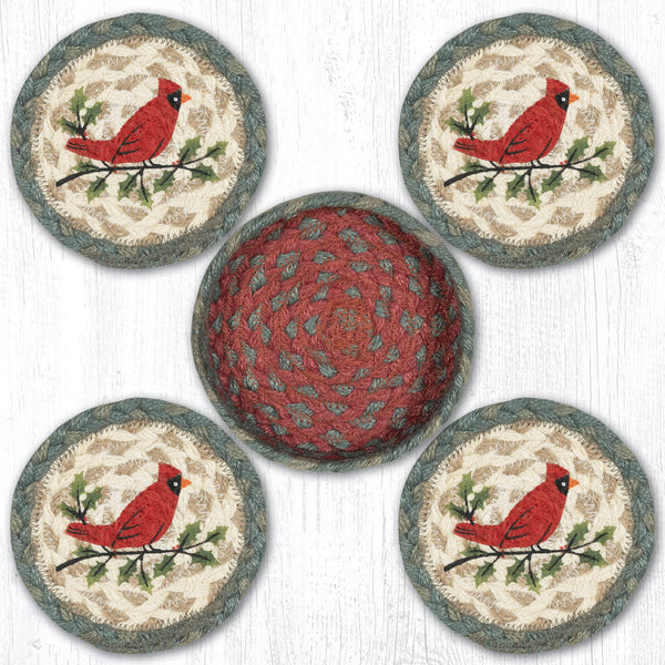 CNB-25 Holly Cardinal Coasters in a Basket 5"x5"