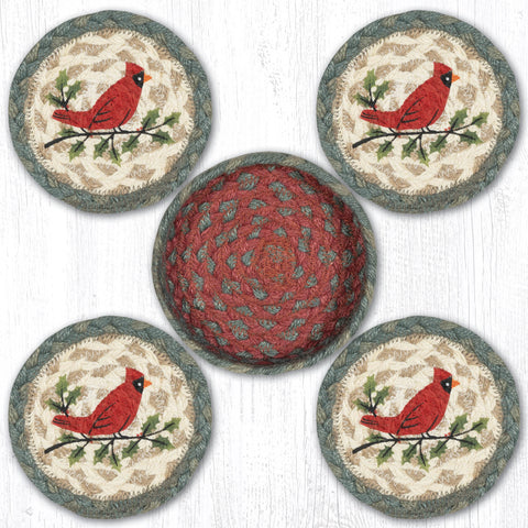 CNB-25 Holly Cardinal Coasters in a Basket 5"x5"