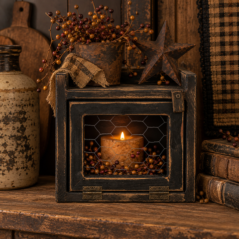 Shop our distressed black wood candle box with chicken wire door. A charming country display for flameless candles, greenery and seasonal decorations.