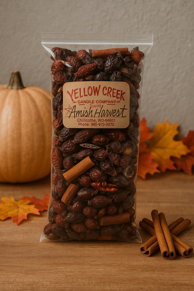 Fill your home with the cozy scent of Amish Harvest. This rosehips potpourri is blended with cinnamon sticks and clove for a rustic autumn fragrance.