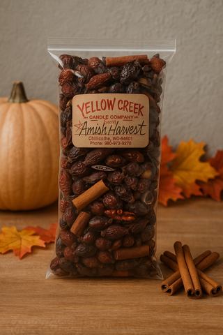 Fill your home with the cozy scent of Amish Harvest. This rosehips potpourri is blended with cinnamon sticks and clove for a rustic autumn fragrance.