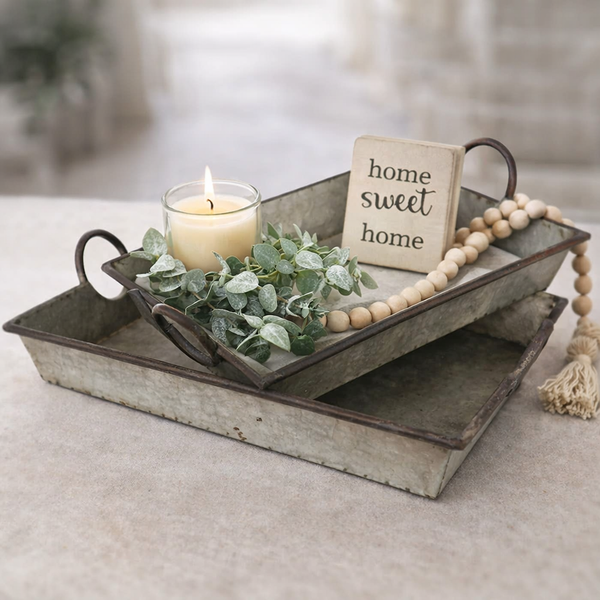 Galvanized Farmhouse Tray Set of 2 Nesting Metal Decor Trays - Clearance - All Sales Final