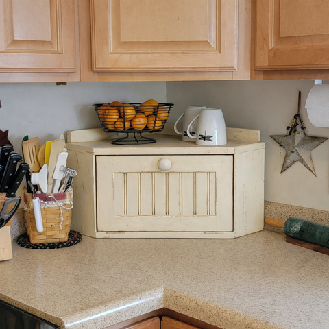 Primitive Corner Bread Box – Cream Distressed Farmhouse Storage