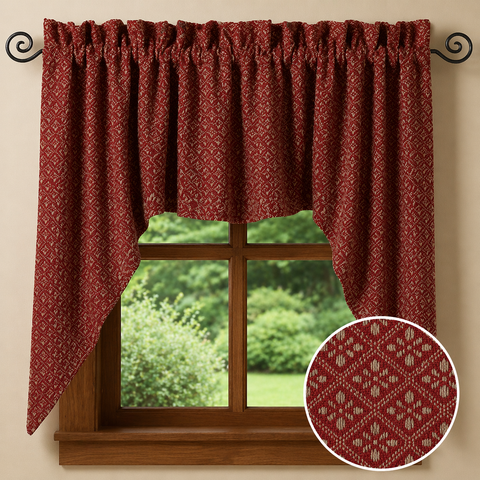 Philmont jacquard swag curtains in barn red and oat with primitive farmhouse style