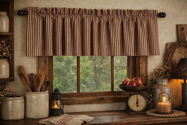 York Ticking Valance 72x15.5 – Barn Red Primitive Farmhouse Valance - Clearance - All Sales Final