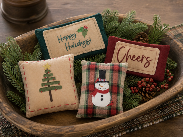 Primitive Country Christmas bowl fillers featuring a Christmas tree, plaid snowman, Happy Holidays, and Cheers pillows displayed with evergreen branches.