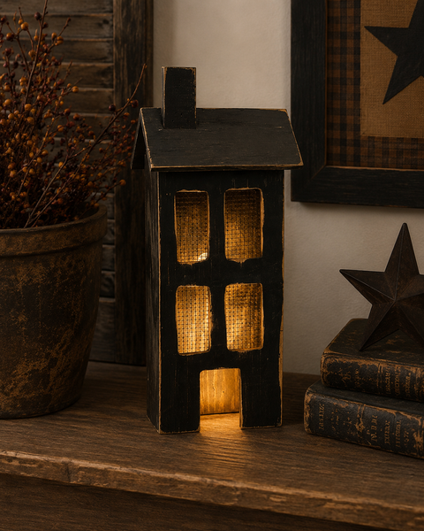Large distressed black wooden primitive light up saltbox house with glowing windows and rustic finish.