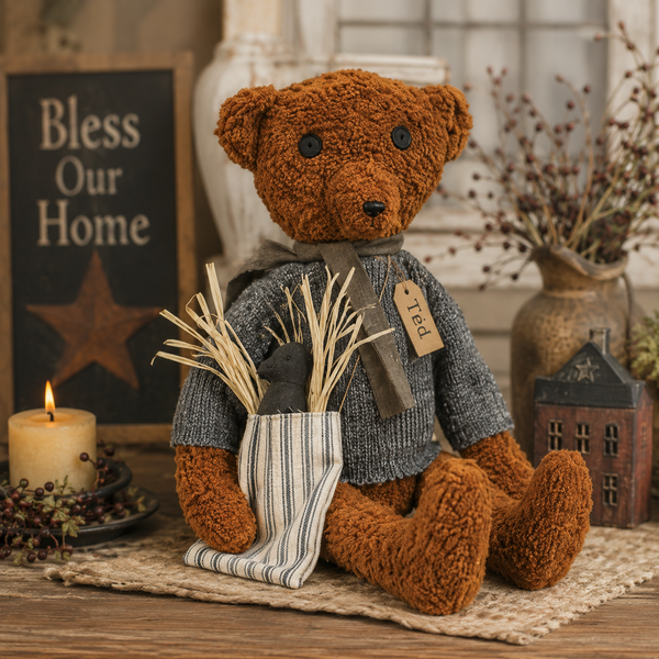 Ted E Bear Doll with Crow Primitive Shelf Sitter