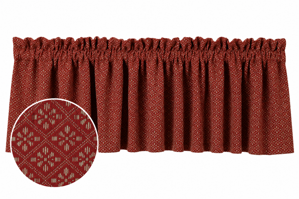 Philmont Jacquard Valance in barn red and oat woven jacquard fabric for primitive and country window décor.
