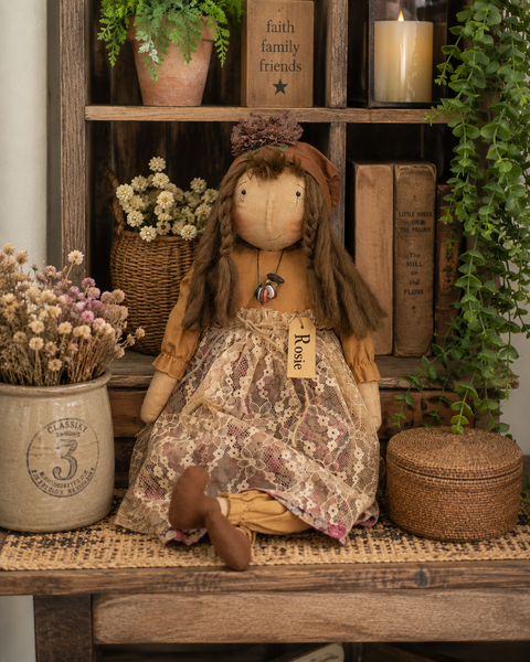 Vintage Rosie Blooms Primitive Doll with Button Necklace