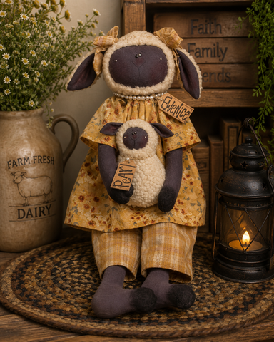 Ewenice and Pearl primitive sheep dolls featuring a mother sheep holding a baby lamb with country farmhouse styling.