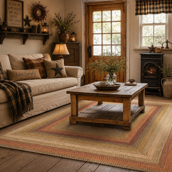 The Kingston Braided Rug blends warm wheat, rusty red, and black tones to create a timeless country look that complements primitive, farmhouse, rustic, and traditional decorating styles.