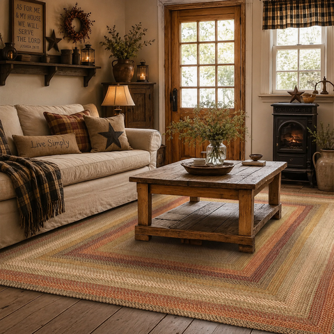 The Kingston Braided Rug blends warm wheat, rusty red, and black tones to create a timeless country look that complements primitive, farmhouse, rustic, and traditional decorating styles.