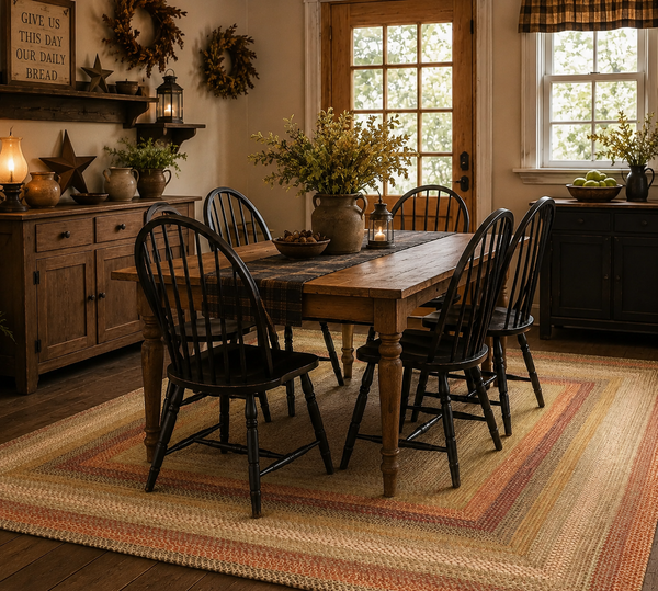The Kingston Braided Rug blends warm wheat, rusty red, and black tones to create a timeless country look that complements primitive, farmhouse, rustic, and traditional decorating styles.