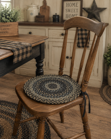 Farmyard 15-inch round braided chair pad with ties featuring black, gray, beige, and light gray natural fibers
