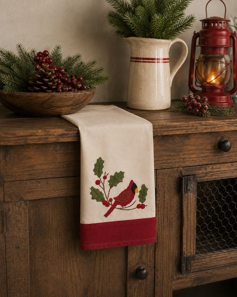 Cream Cardinal Holly towel featuring a red cardinal perched among holly leaves and berries with a red accent border.