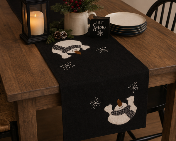 Snow Day Black Table Runner featuring snowmen with plaid scarves and snowflake accents on a black background, perfect for primitive farmhouse Christmas and winter decorating.