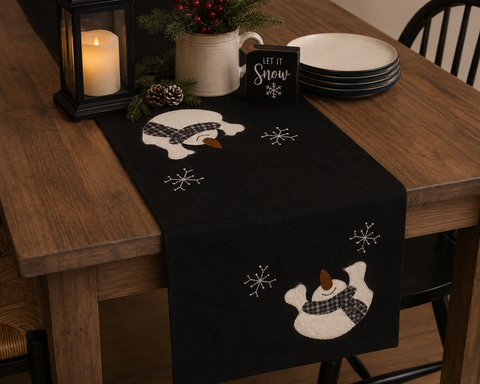 Snow Day Black Table Runner featuring snowmen with plaid scarves and snowflake accents on a black background, perfect for primitive farmhouse Christmas and winter decorating.