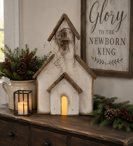 Primitive Light Up Old Church with distressed white finish, natural wood roof, wooden cross, and warm interior lighting, handmade in the USA.