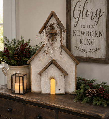 Primitive Light Up Old Church with distressed white finish, natural wood roof, wooden cross, and warm interior lighting, handmade in the USA.