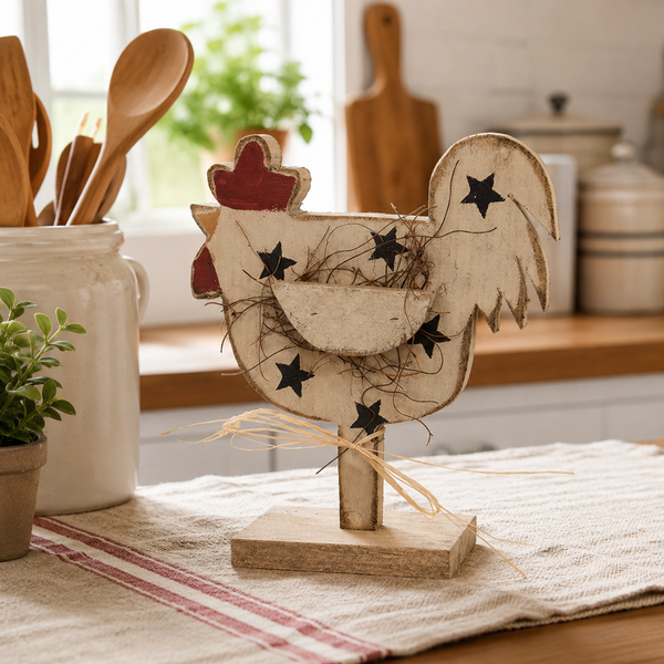 Rustic Wood Stars Chicken on Base displayed on a farmhouse kitchen countertop beside a crock of wooden utensils. This primitive country chicken features distressed wood, black painted stars, raffia accents, and a freestanding wooden base, adding charming farmhouse style to kitchen shelves, countertops, and tabletops.