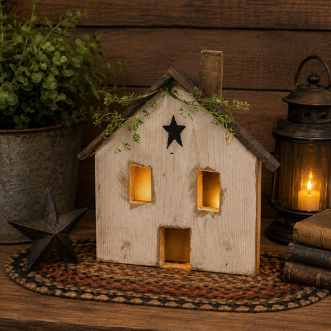Light Up Rustic White Wood Farmhouse with distressed finish, black star accent, and glowing windows displayed as primitive farmhouse tabletop decor.