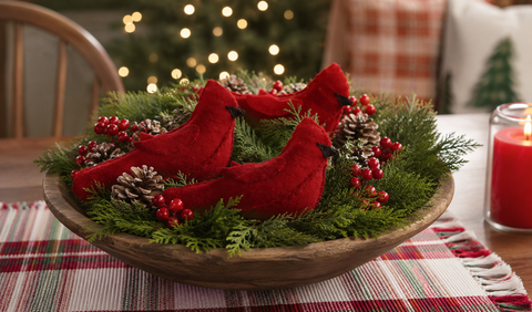 Image Alt Text:
Set of three red felt cardinal birds for Christmas decorating and holiday displays.